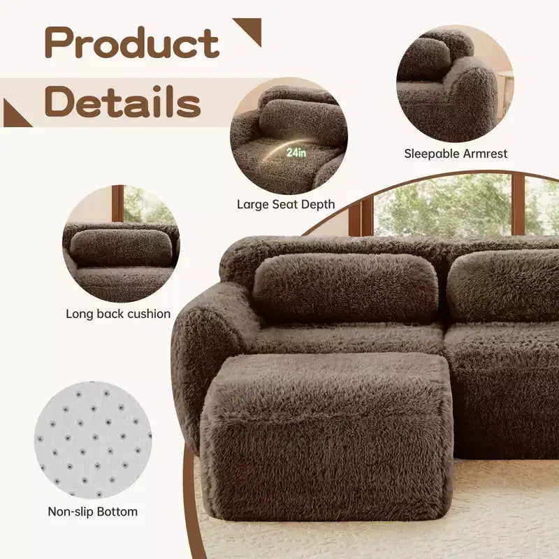 149 inch Brown Plush Fabric Boneless Sectional Sofa with Throw Pillows for Living Rooms ( Buckle Connection)