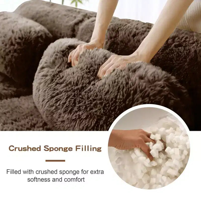 149 inch Brown Plush Fabric Boneless Sectional Sofa with Throw Pillows for Living Rooms ( Buckle Connection)