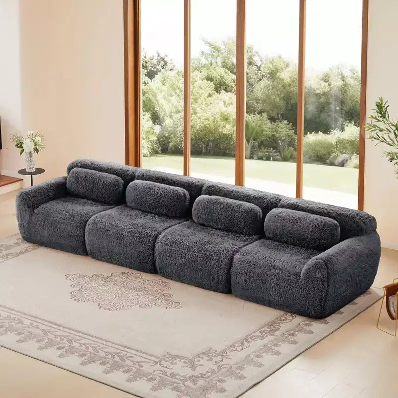 149 inch Brown Plush Fabric Boneless Sectional Sofa with Throw Pillows for Living Rooms ( Buckle Connection)