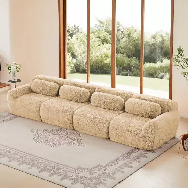 149 inch Brown Plush Fabric Boneless Sectional Sofa with Throw Pillows for Living Rooms ( Buckle Connection)