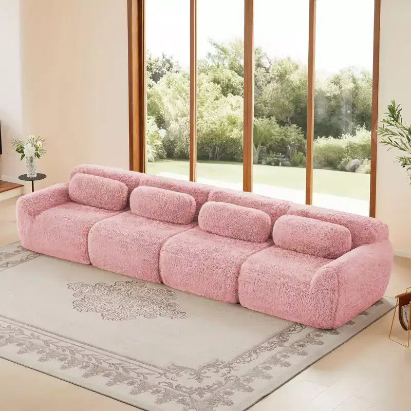 149 inch Brown Plush Fabric Boneless Sectional Sofa with Throw Pillows for Living Rooms ( Buckle Connection)
