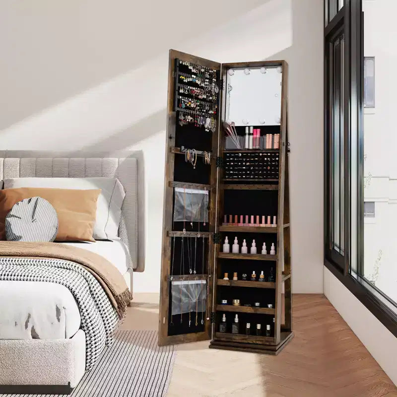 Costway 360 degree Swivel Jewelry Cabinet w/Full Length Mirror Back Shelves Lights for Bedroom