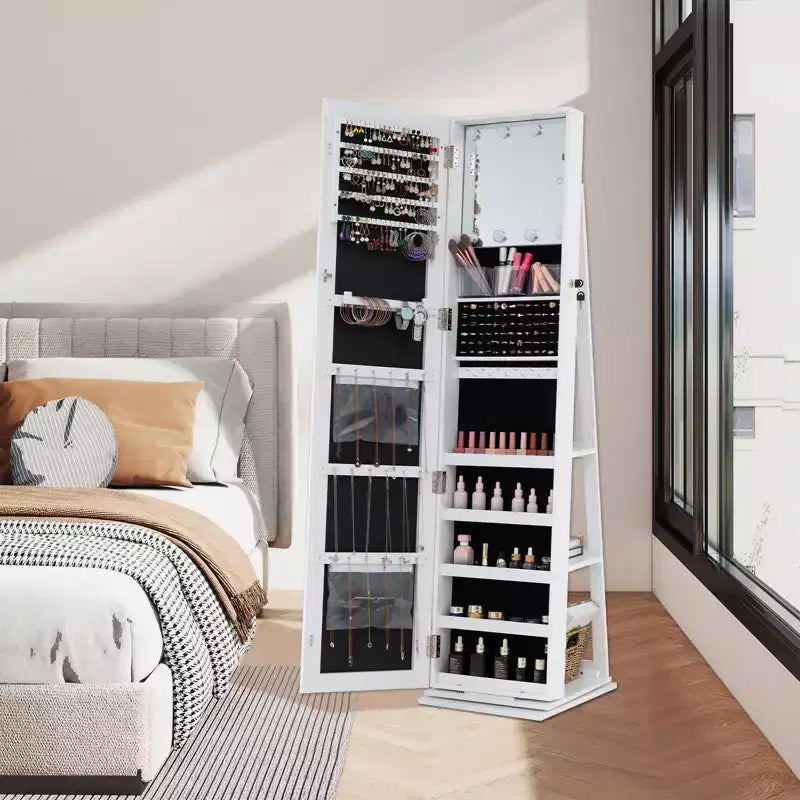 Costway 360 degree Swivel Jewelry Cabinet w/Full Length Mirror Back Shelves Lights for Bedroom