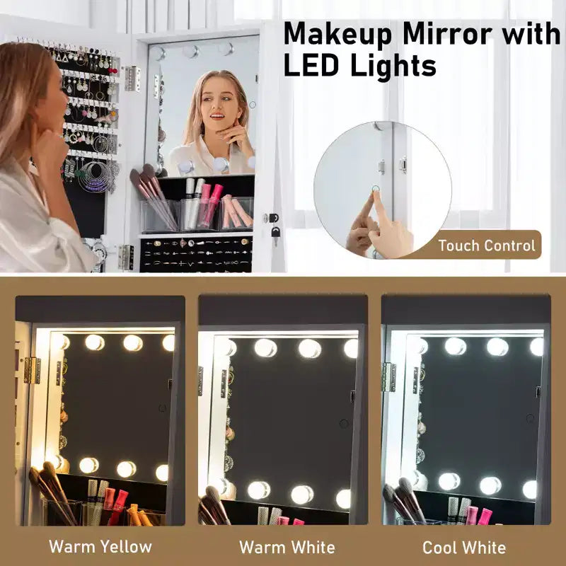 Costway 360 degree Swivel Jewelry Cabinet w/Full Length Mirror Back Shelves Lights for Bedroom