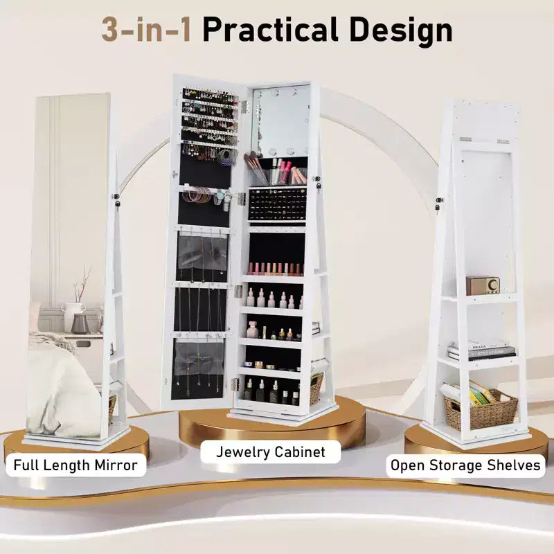 Costway 360 degree Swivel Jewelry Cabinet w/Full Length Mirror Back Shelves Lights for Bedroom