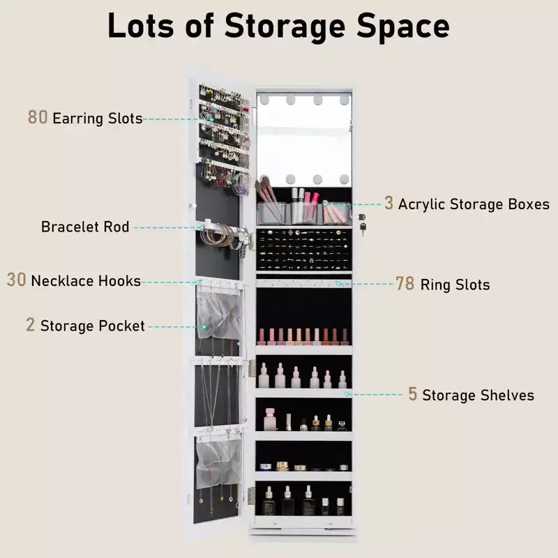 Costway 360 degree Swivel Jewelry Cabinet w/Full Length Mirror Back Shelves Lights for Bedroom
