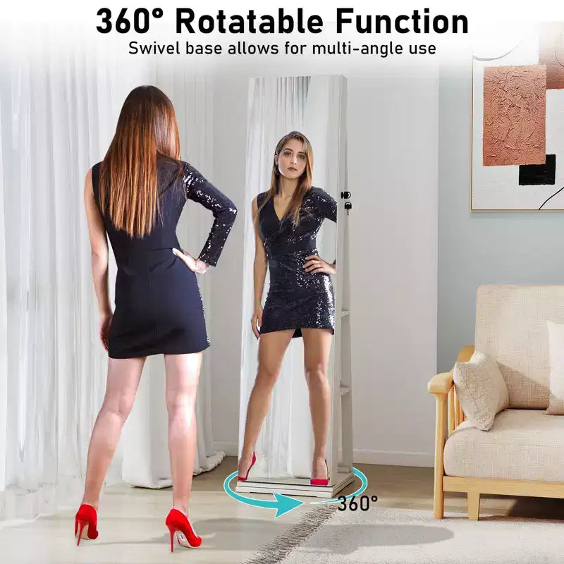 Costway 360 degree Swivel Jewelry Cabinet w/Full Length Mirror Back Shelves Lights for Bedroom