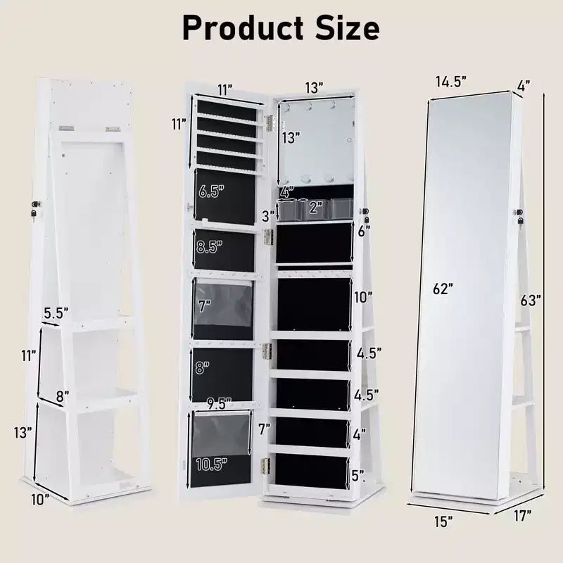 Costway 360 degree Swivel Jewelry Cabinet w/Full Length Mirror Back Shelves Lights for Bedroom
