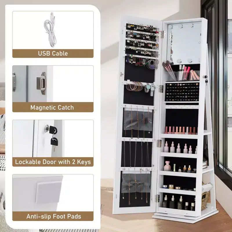 Costway 360 degree Swivel Jewelry Cabinet w/Full Length Mirror Back Shelves Lights for Bedroom