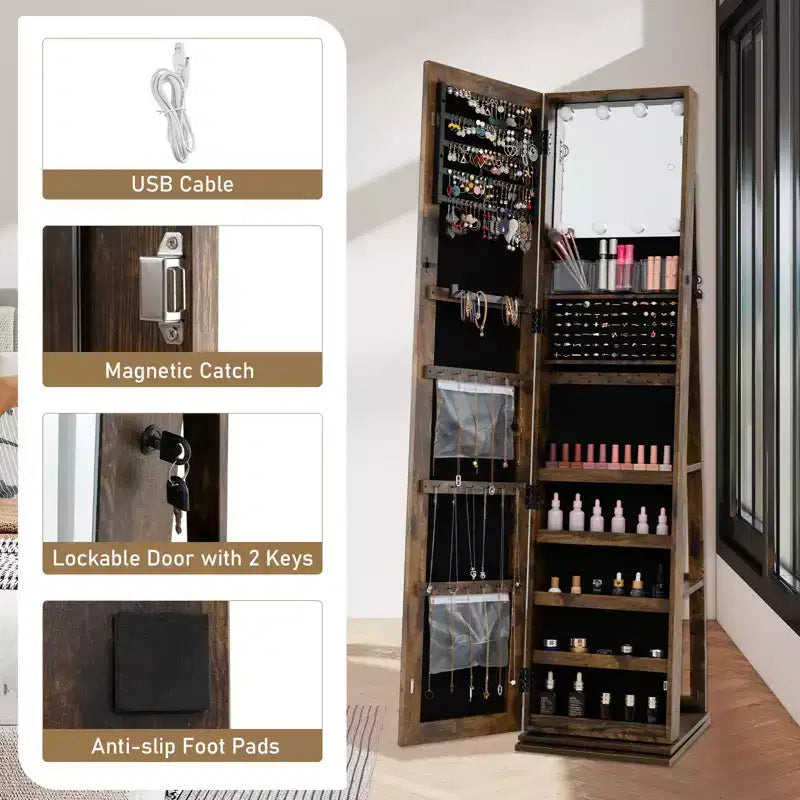 Costway 360 degree Swivel Jewelry Cabinet w/Full Length Mirror Back Shelves Lights for Bedroom