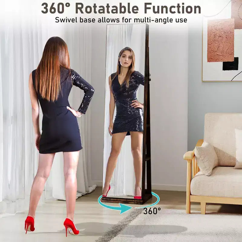Costway 360 degree Swivel Jewelry Cabinet w/Full Length Mirror Back Shelves Lights for Bedroom