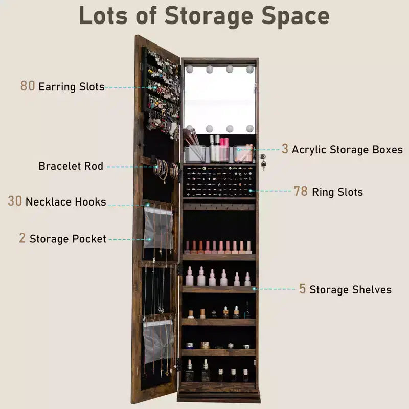Costway 360 degree Swivel Jewelry Cabinet w/Full Length Mirror Back Shelves Lights for Bedroom