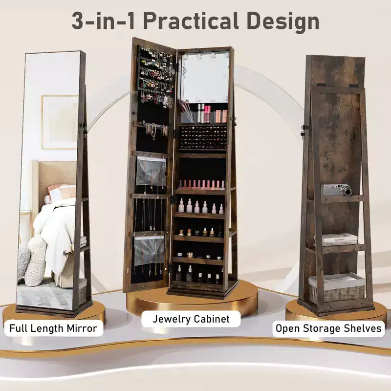 Costway 360 degree Swivel Jewelry Cabinet w/Full Length Mirror Back Shelves Lights for Bedroom