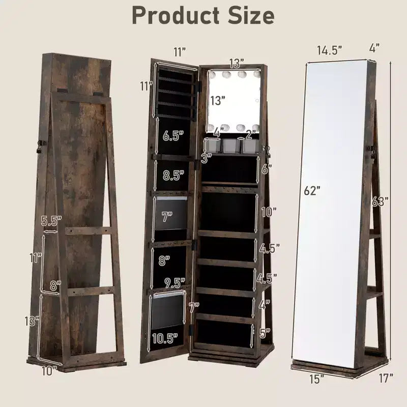 Costway 360 degree Swivel Jewelry Cabinet w/Full Length Mirror Back Shelves Lights for Bedroom