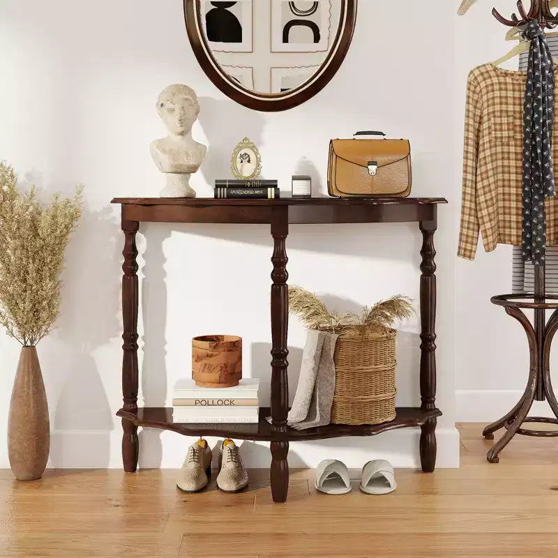Costway 42 Inch Half Moon Console Table w/Shelf & Rubber Wood Legs for Entrance Hallway