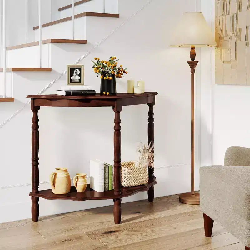 Costway 42 Inch Half Moon Console Table w/Shelf & Rubber Wood Legs for Entrance Hallway