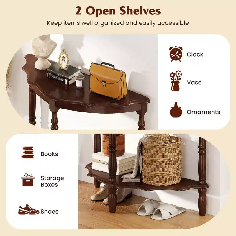 Costway 42 Inch Half Moon Console Table w/Shelf & Rubber Wood Legs for Entrance Hallway