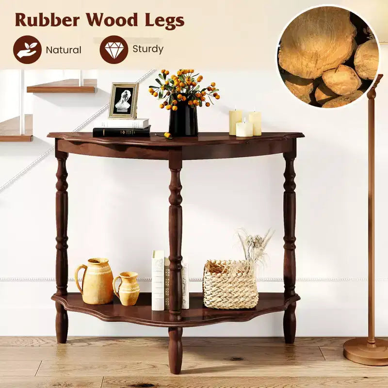 Costway 42 Inch Half Moon Console Table w/Shelf & Rubber Wood Legs for Entrance Hallway