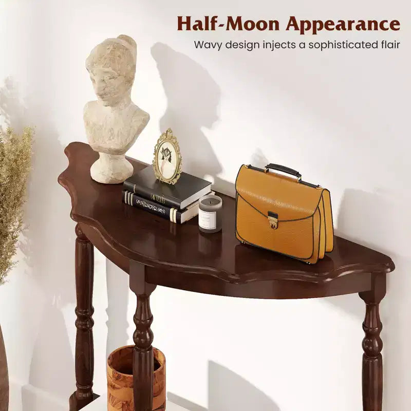 Costway 42 Inch Half Moon Console Table w/Shelf & Rubber Wood Legs for Entrance Hallway