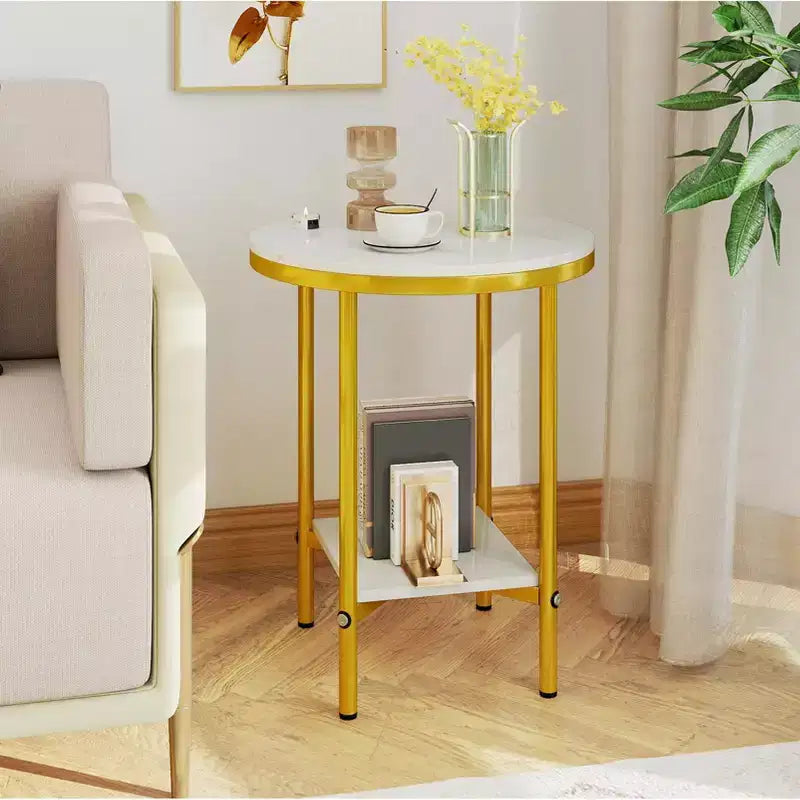 Costway 2-Tier Round Side Table Set of 2 16 Faux Marble End Table w/ Storage Shelf