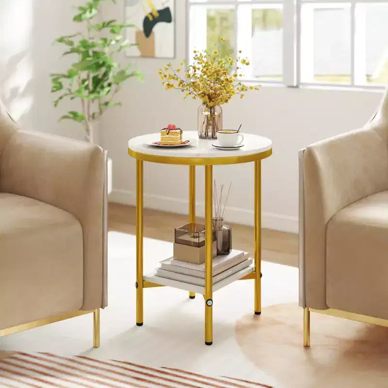 Costway 2-Tier Round Side Table Set of 2 16 Faux Marble End Table w/ Storage Shelf