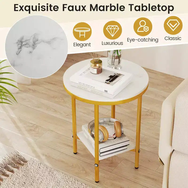 Costway 2-Tier Round Side Table Set of 2 16 Faux Marble End Table w/ Storage Shelf