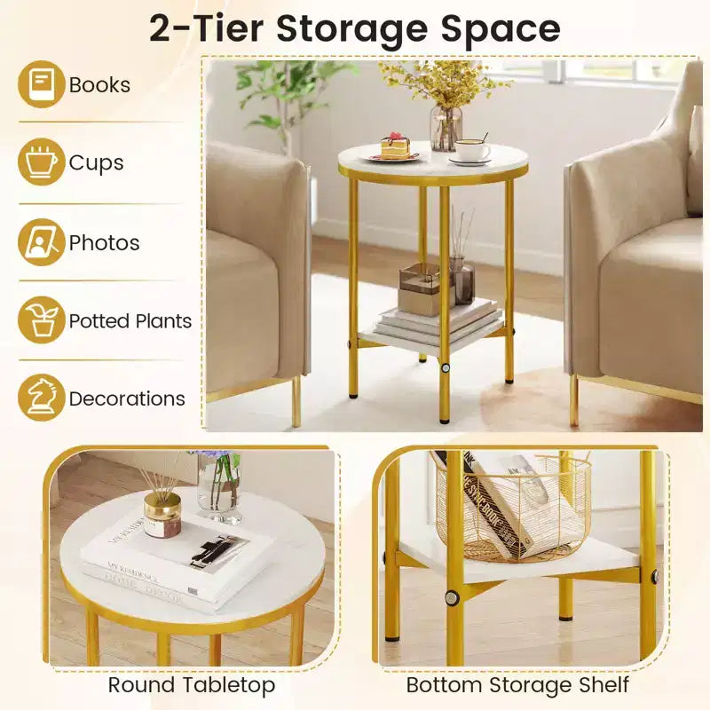Costway 2-Tier Round Side Table Set of 2 16 Faux Marble End Table w/ Storage Shelf