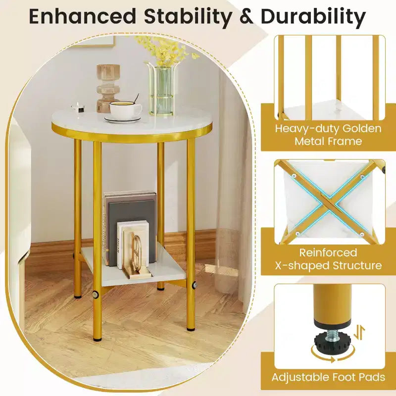 Costway 2-Tier Round Side Table Set of 2 16 Faux Marble End Table w/ Storage Shelf