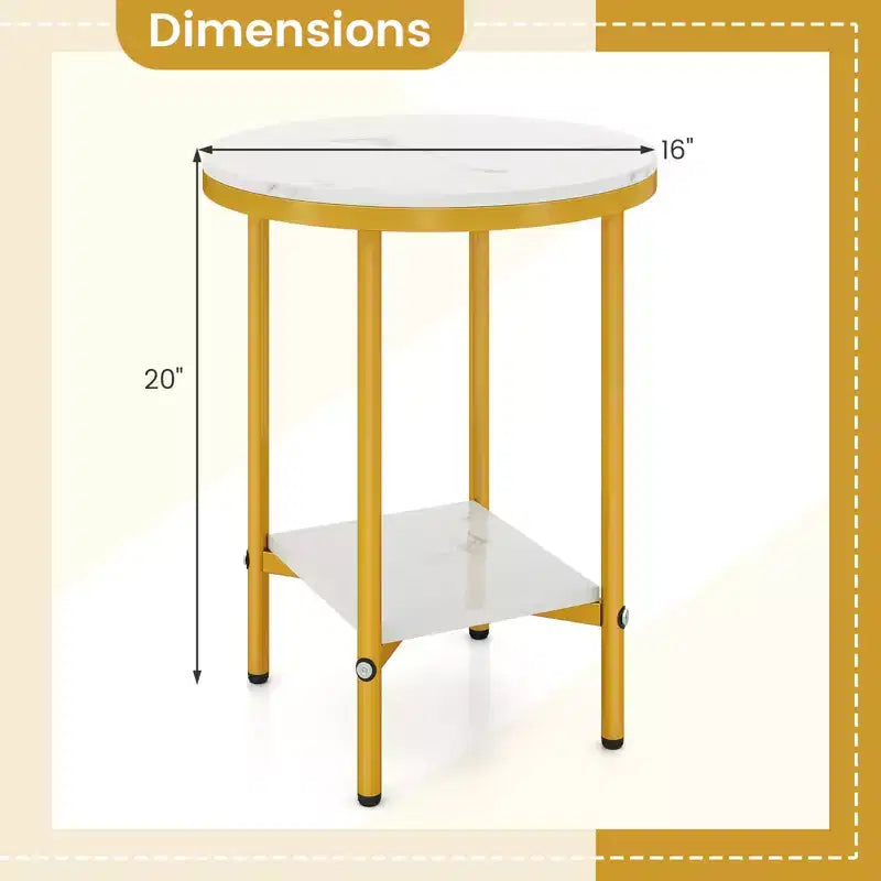 Costway 2-Tier Round Side Table Set of 2 16 Faux Marble End Table w/ Storage Shelf