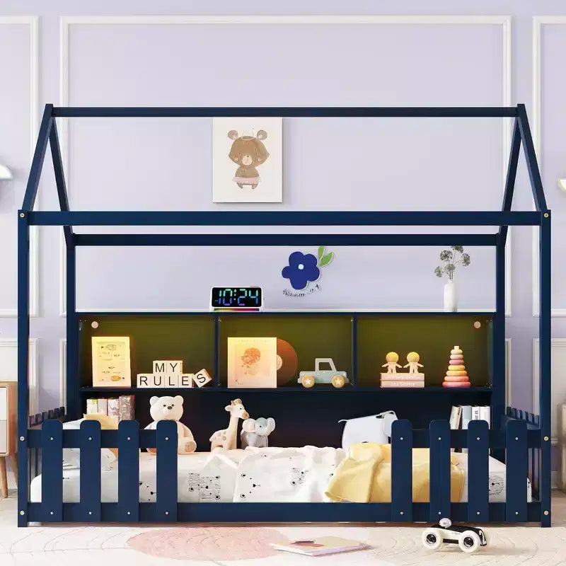 TUYOHW Twin Size Toddler Floor Bed with LED Light for Kids,Modern Metal Montessori Bed with Storage Bookshelf and Guardrails for Bedroom