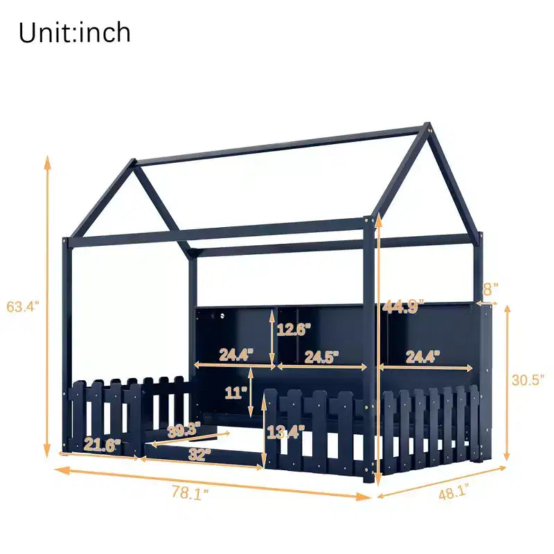 TUYOHW Twin Size Toddler Floor Bed with LED Light for Kids,Modern Metal Montessori Bed with Storage Bookshelf and Guardrails for Bedroom