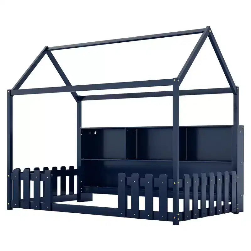 TUYOHW Twin Size Toddler Floor Bed with LED Light for Kids,Modern Metal Montessori Bed with Storage Bookshelf and Guardrails for Bedroom