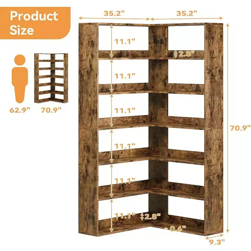 Garvee 6-Tier Corner Bookshelf,L-Shaped Bookshelf with Baffles, Wood Display Shelf Heavy Duty Bookcases for Home Office