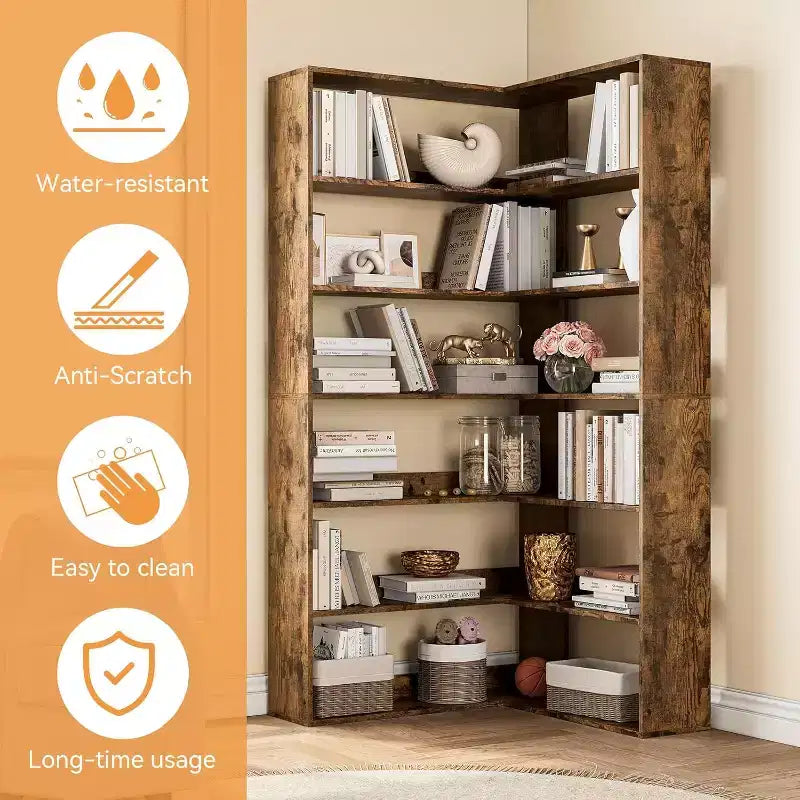 Garvee 6-Tier Corner Bookshelf,L-Shaped Bookshelf with Baffles, Wood Display Shelf Heavy Duty Bookcases for Home Office