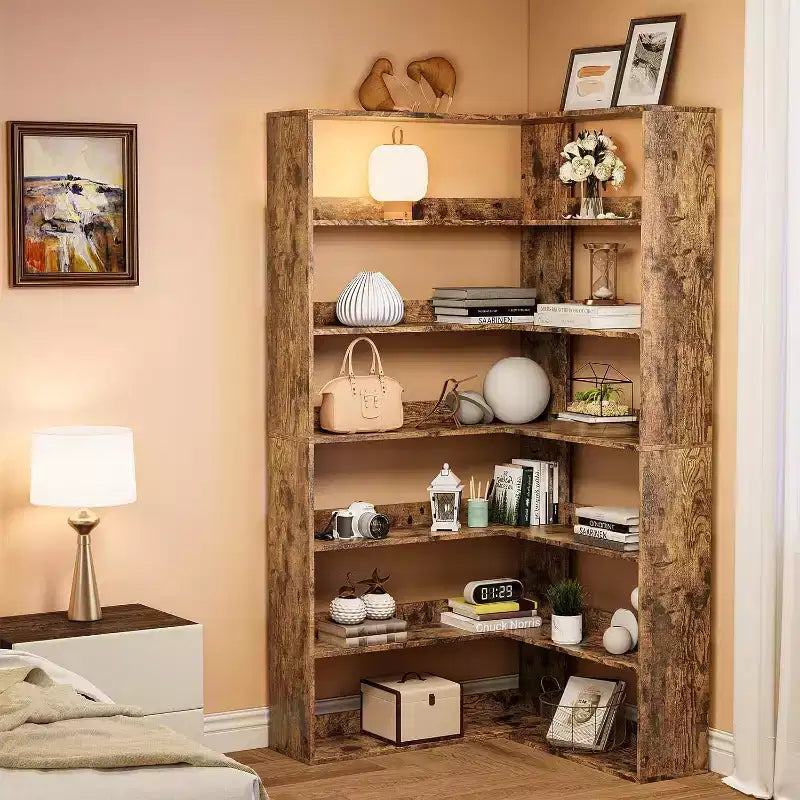 Garvee 6-Tier Corner Bookshelf,L-Shaped Bookshelf with Baffles, Wood Display Shelf Heavy Duty Bookcases for Home Office
