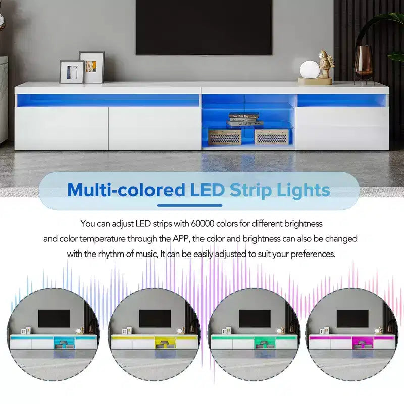Modern TV Stand with LED Lights for 105 inch TV, TV Storage Cabinet Table with Glass Shelves for Living Room