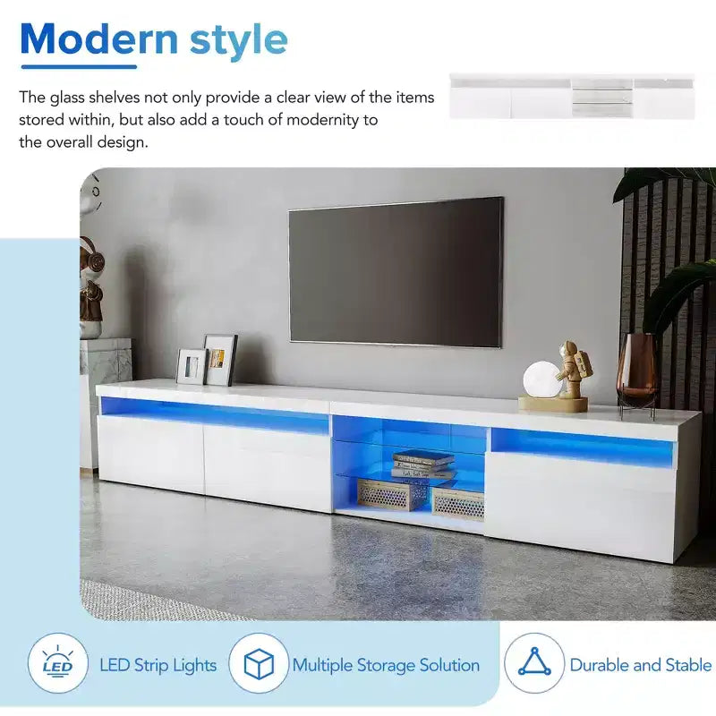 Modern TV Stand with LED Lights for 105 inch TV, TV Storage Cabinet Table with Glass Shelves for Living Room