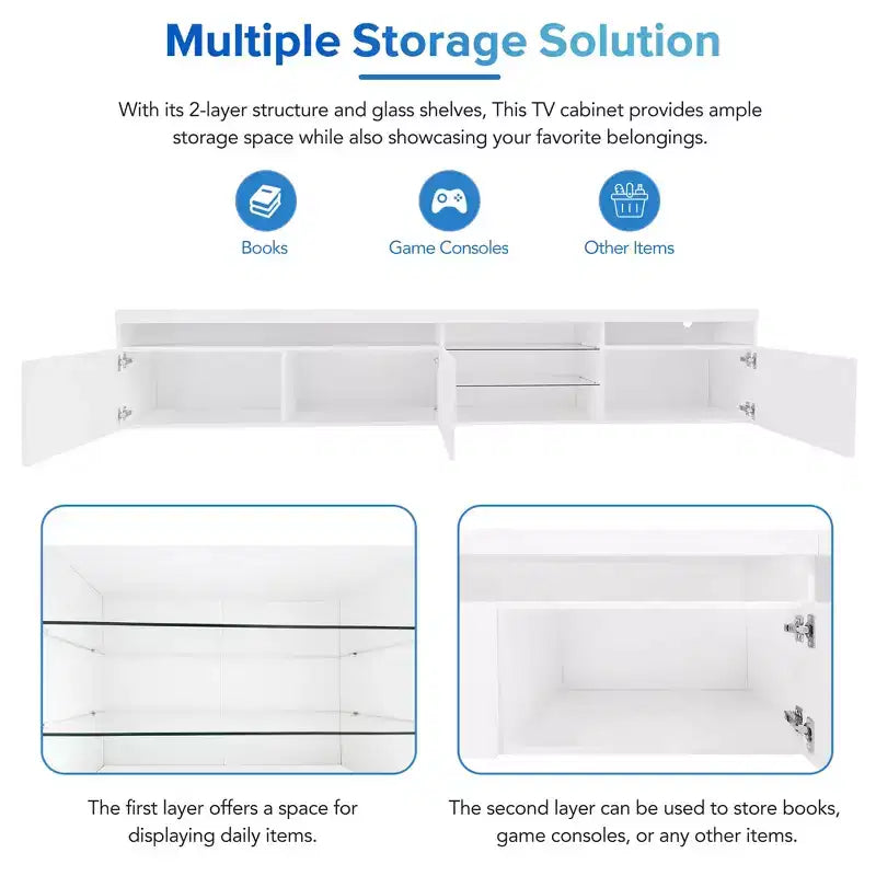 Modern TV Stand with LED Lights for 105 inch TV, TV Storage Cabinet Table with Glass Shelves for Living Room