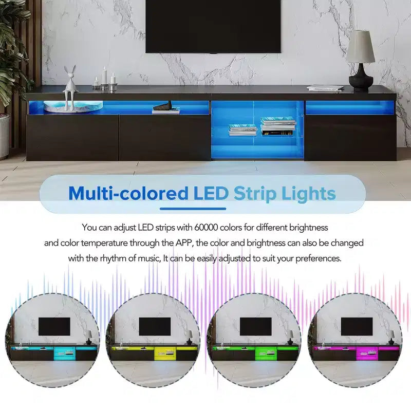 Modern TV Stand with LED Lights for 105 inch TV, TV Storage Cabinet Table with Glass Shelves for Living Room