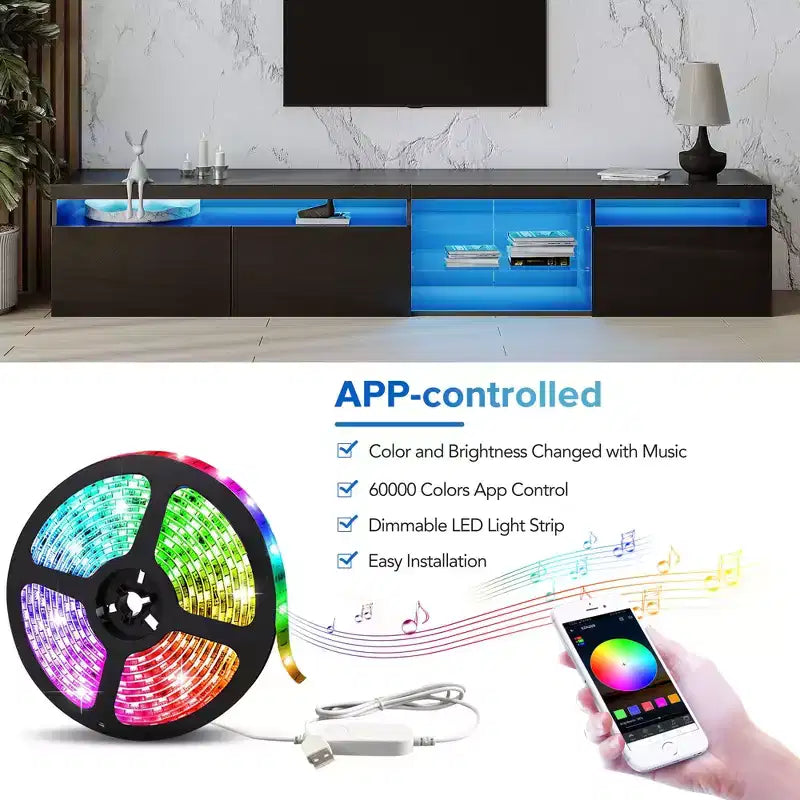 Modern TV Stand with LED Lights for 105 inch TV, TV Storage Cabinet Table with Glass Shelves for Living Room