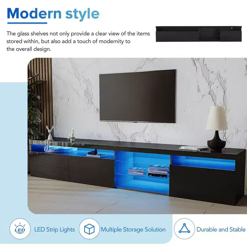 Modern TV Stand with LED Lights for 105 inch TV, TV Storage Cabinet Table with Glass Shelves for Living Room