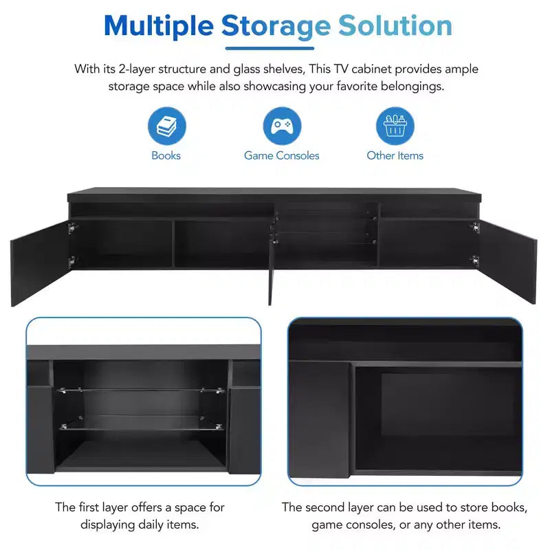 Modern TV Stand with LED Lights for 105 inch TV, TV Storage Cabinet Table with Glass Shelves for Living Room