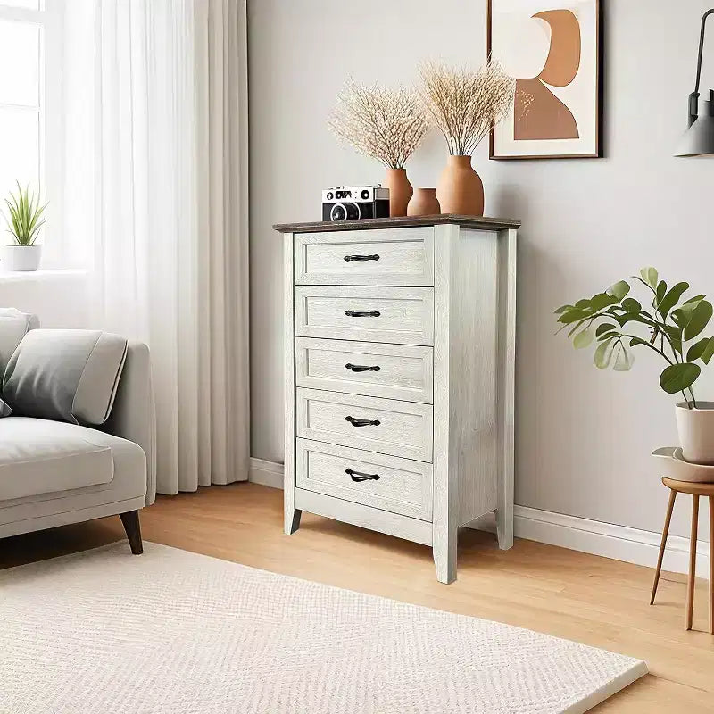 Farmhouse 5-Drawer Tall Dresser with Wood Tone Finish, Multi-Room Storage for Bedroom Living Room Entryway, Easy Assembly Sturdy Construction