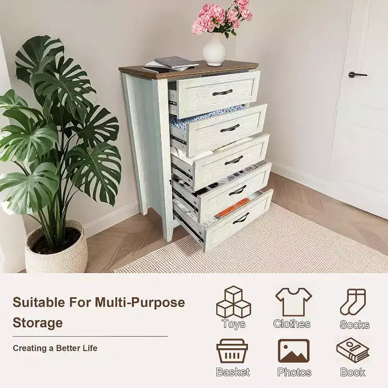 Farmhouse 5-Drawer Tall Dresser with Wood Tone Finish, Multi-Room Storage for Bedroom Living Room Entryway, Easy Assembly Sturdy Construction