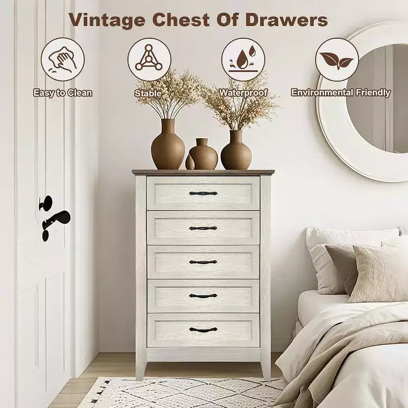Farmhouse 5-Drawer Tall Dresser with Wood Tone Finish, Multi-Room Storage for Bedroom Living Room Entryway, Easy Assembly Sturdy Construction