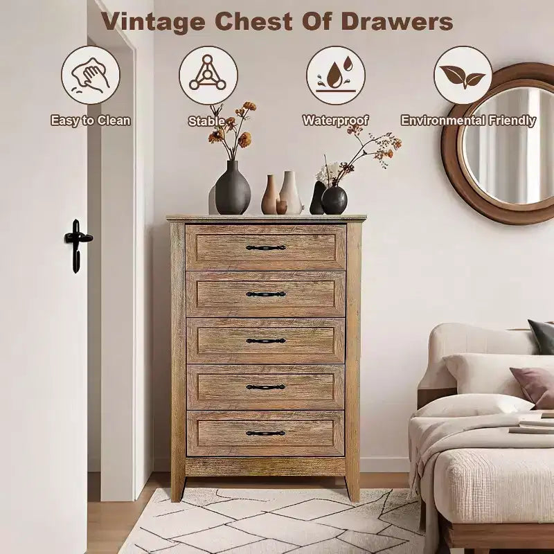 Farmhouse 5-Drawer Tall Dresser with Wood Tone Finish, Multi-Room Storage for Bedroom Living Room Entryway, Easy Assembly Sturdy Construction
