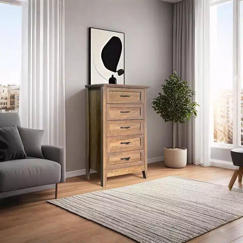 Farmhouse 5-Drawer Tall Dresser with Wood Tone Finish, Multi-Room Storage for Bedroom Living Room Entryway, Easy Assembly Sturdy Construction