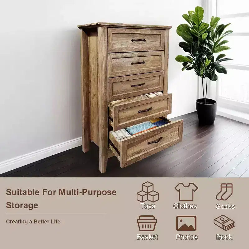 Farmhouse 5-Drawer Tall Dresser with Wood Tone Finish, Multi-Room Storage for Bedroom Living Room Entryway, Easy Assembly Sturdy Construction