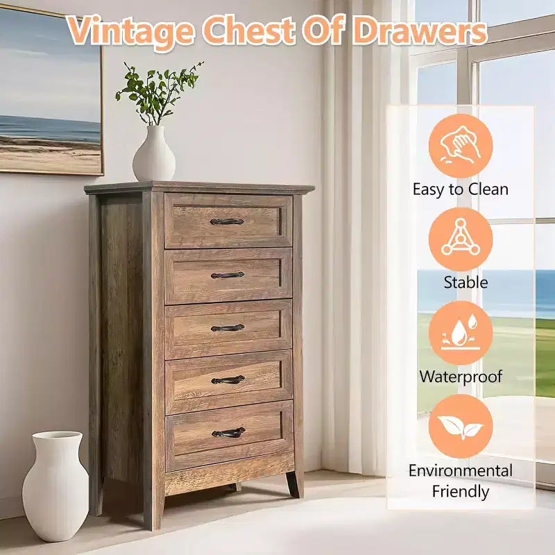 Farmhouse 5-Drawer Tall Dresser with Wood Tone Finish, Multi-Room Storage for Bedroom Living Room Entryway, Easy Assembly Sturdy Construction