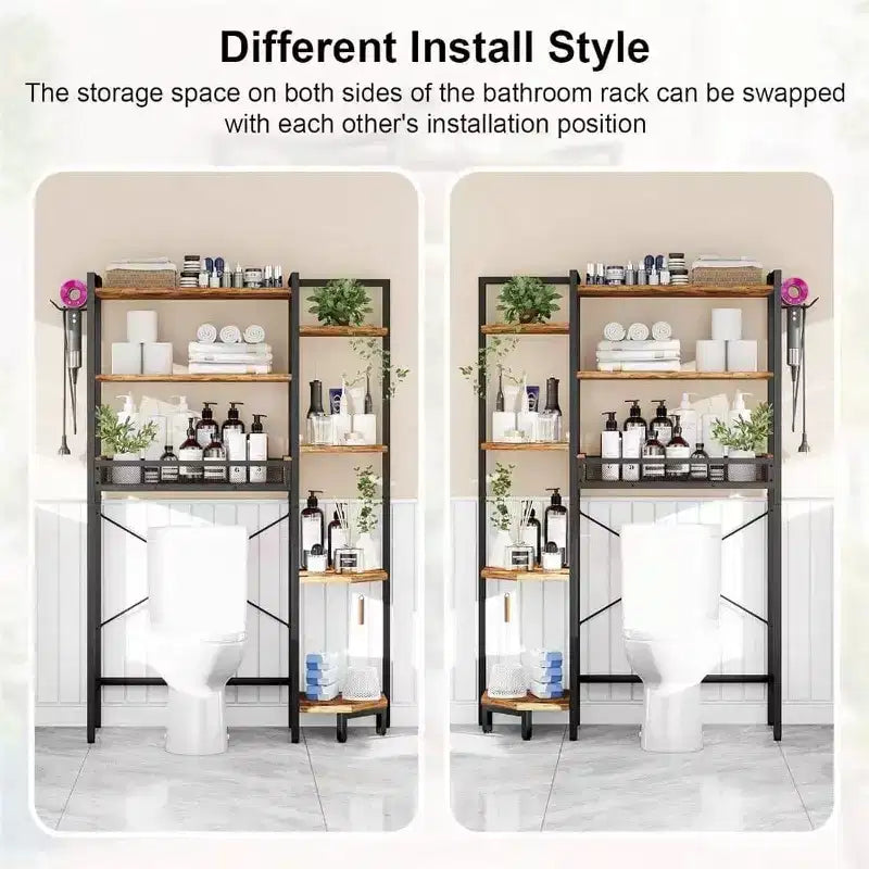 K1 Heavy Duty Tier Over Toilet Storage with Basket and Paper Hook Freestanding Above Toilet Shelf Adjustable Feet Rustic Brown